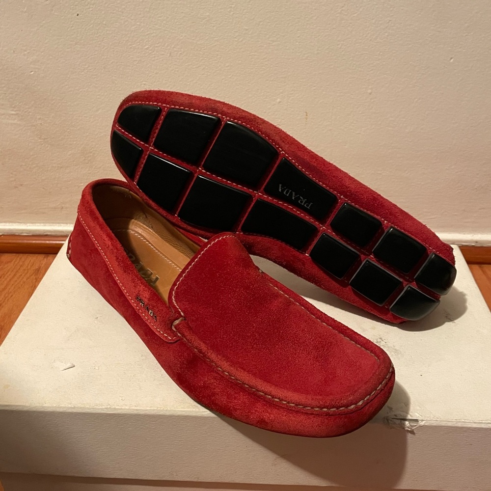 PRADA suede slip-on loafers in red velvet size 8